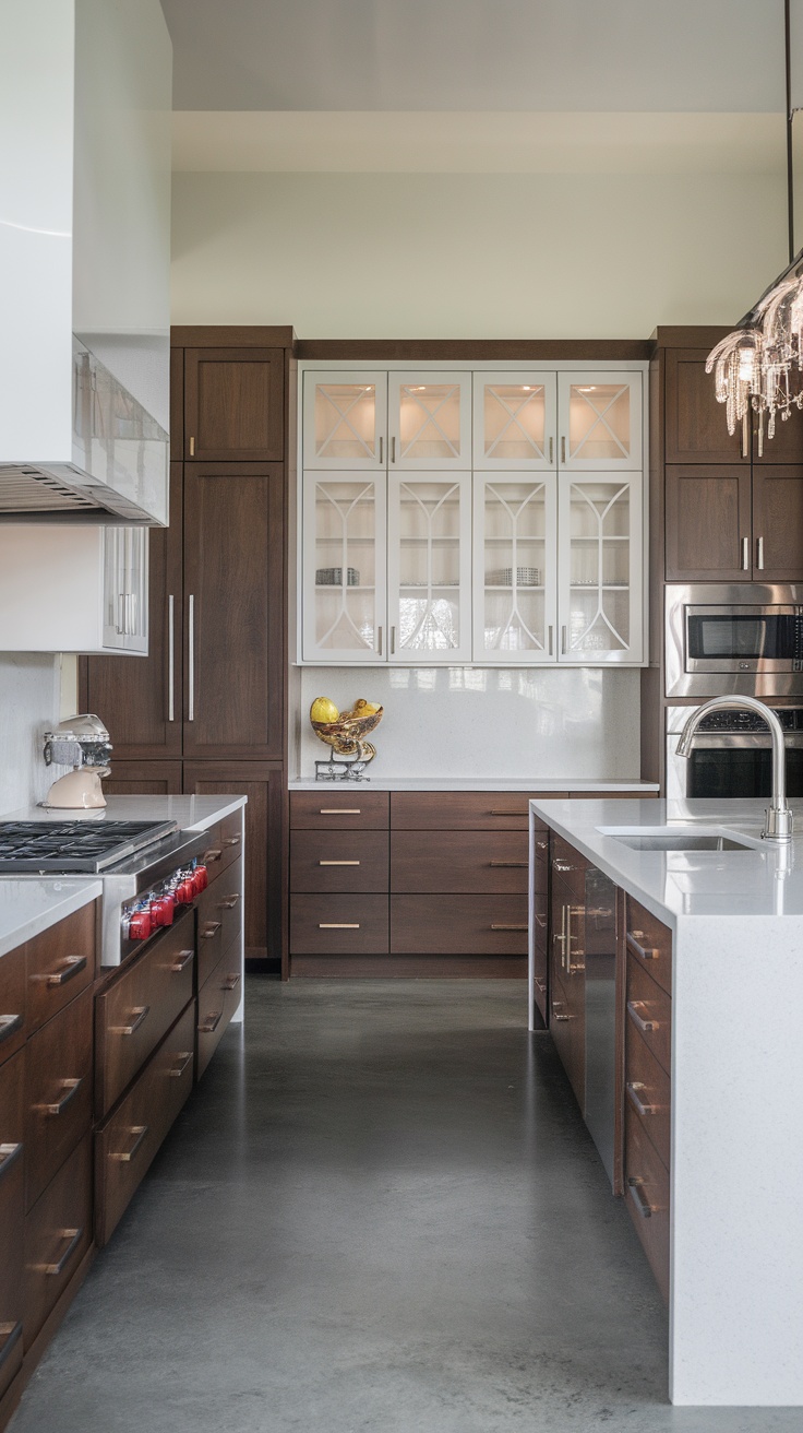 A luxury kitchen featuring custom cabinetry with a modern design, showcasing wooden cabinets and glass-front storage.