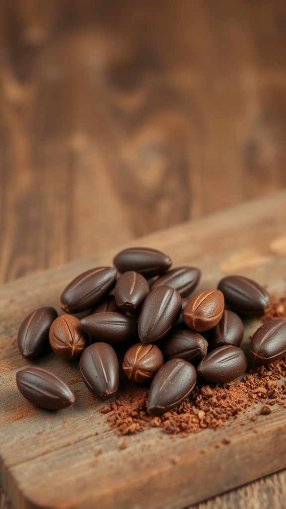 Dark chocolate-covered almonds arranged on a wooden surface