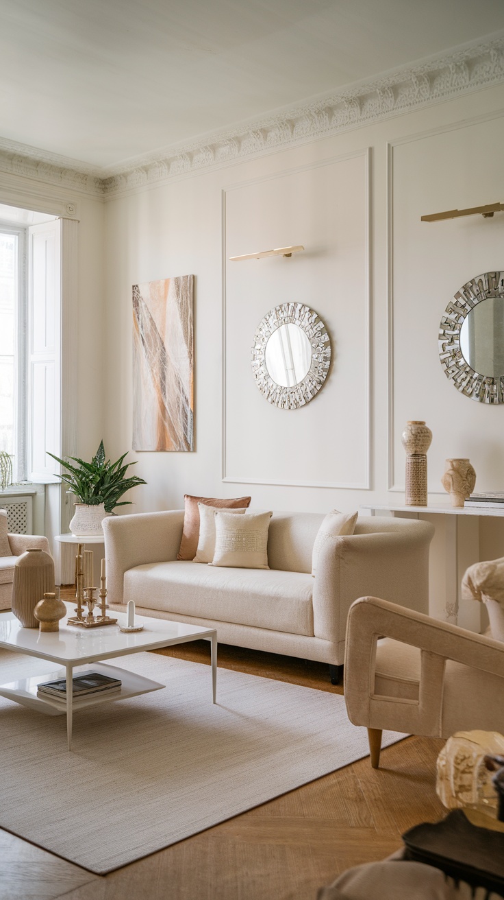 Modern Victorian living room with decorative mirrors and stylish furniture.