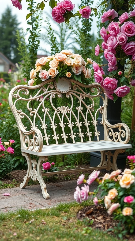 A vintage garden bench surrounded by pink and peach roses