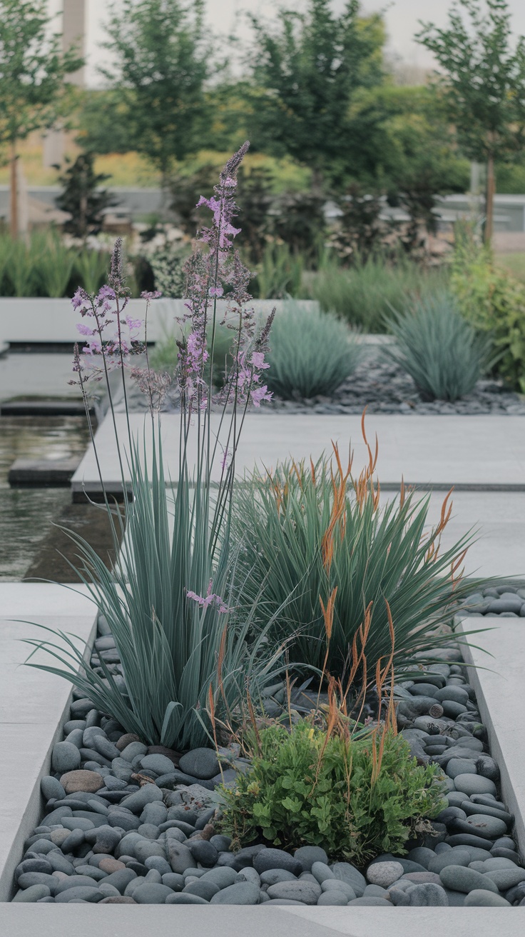 A modern backyard with plants and pebbles, designed for wildlife habitats.