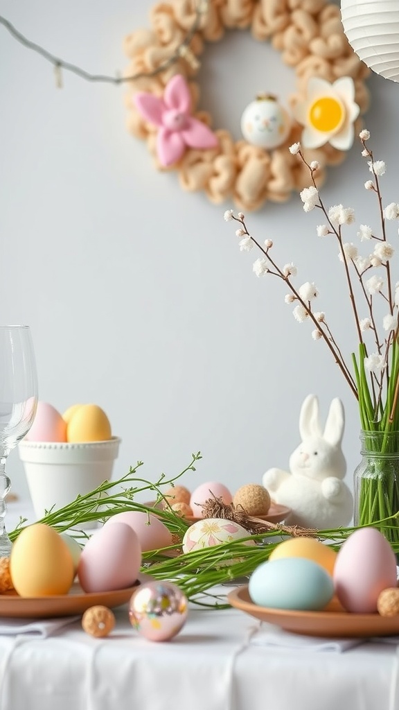 A spring-themed Easter decoration featuring pastel-colored eggs, a floral wreath, and a bunny figurine.