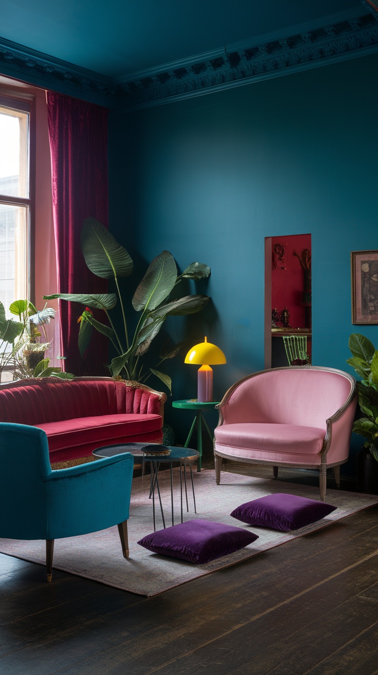 Modern Victorian living room with eclectic color palette featuring blue walls, pink and turquoise furniture, and various plants.