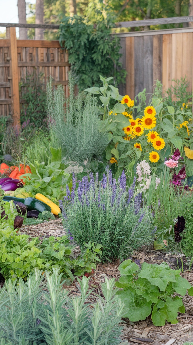 A vibrant garden featuring edible plants alongside ornamental flowers like sunflowers and lavender.