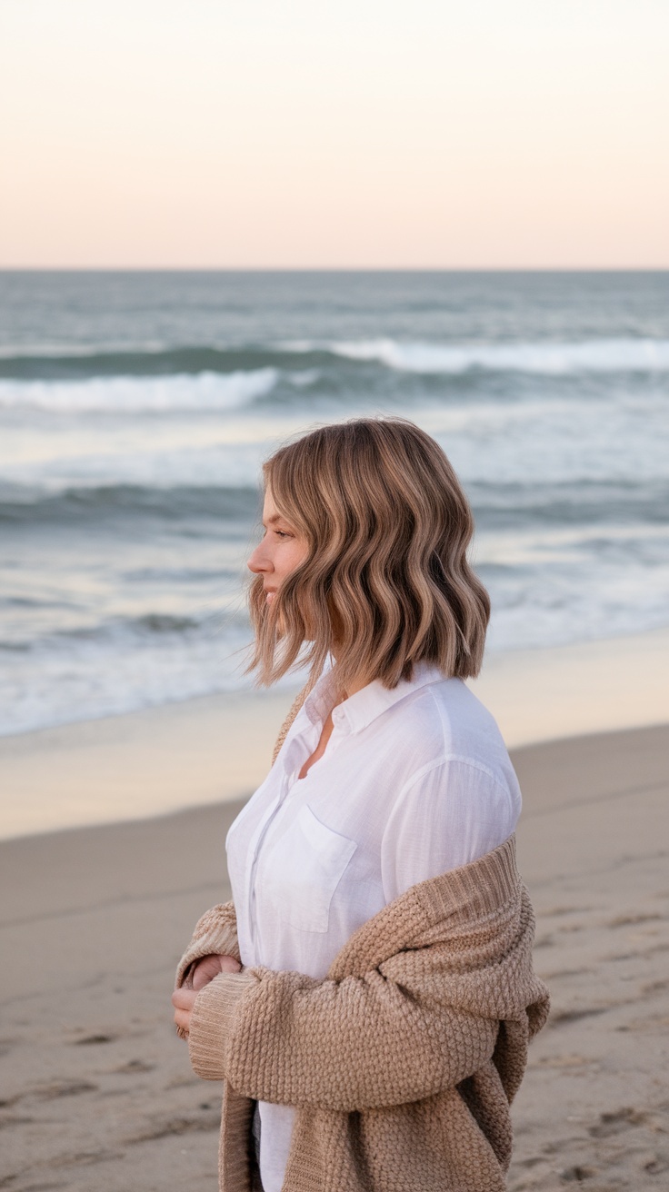 A woman with medium-length hair styled in beachy waves, standing on a sandy beach with ocean waves in the background.