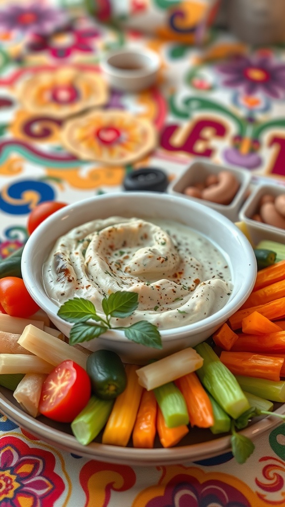 A bowl of creamy eggplant baba ganoush surrounded by a colorful assortment of fresh vegetables.