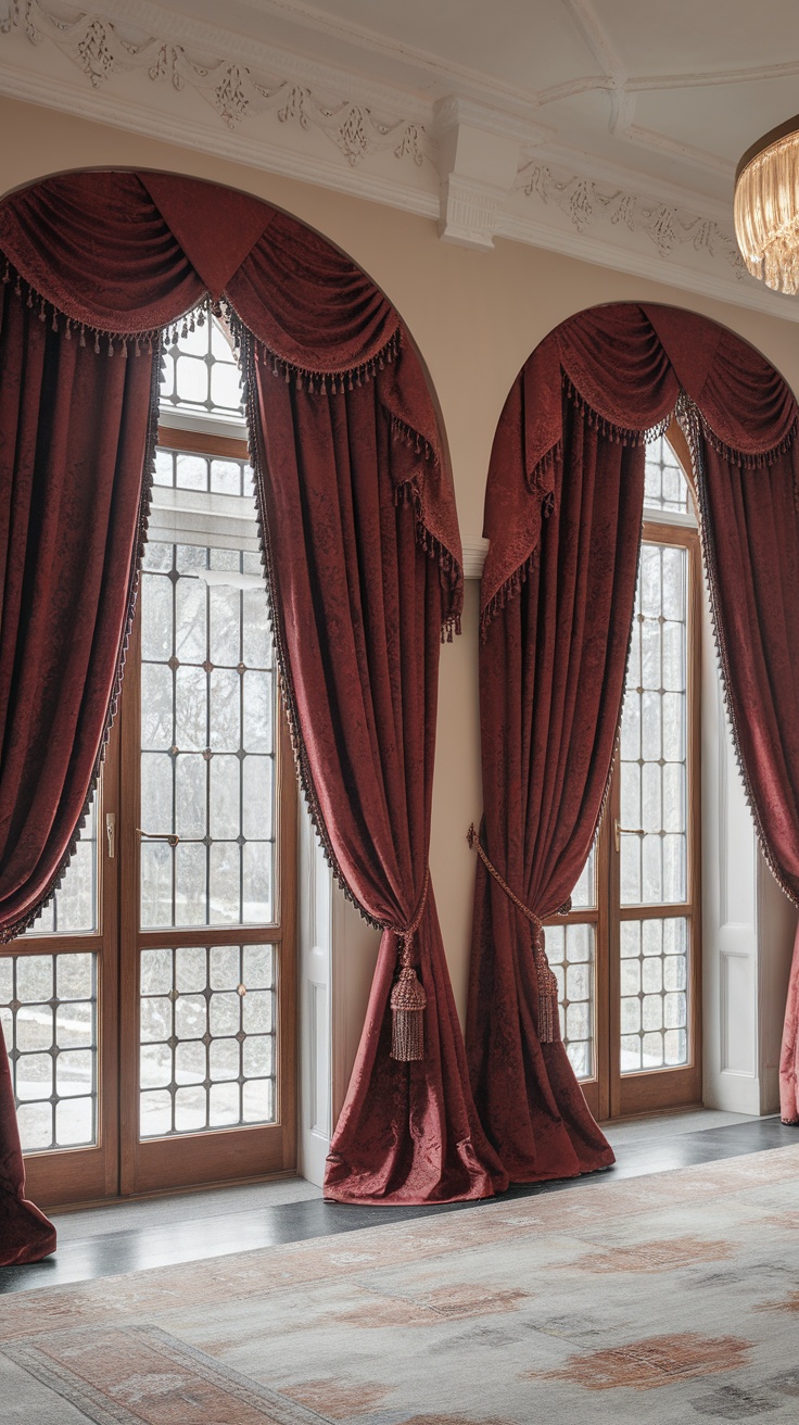 Luxurious red curtains with tassels draped elegantly in a Victorian living room.