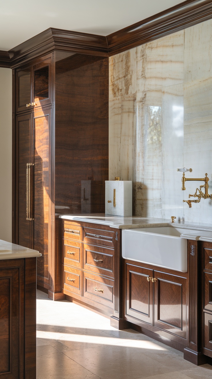 Luxury kitchen with elegant marble countertops and dark wood cabinetry