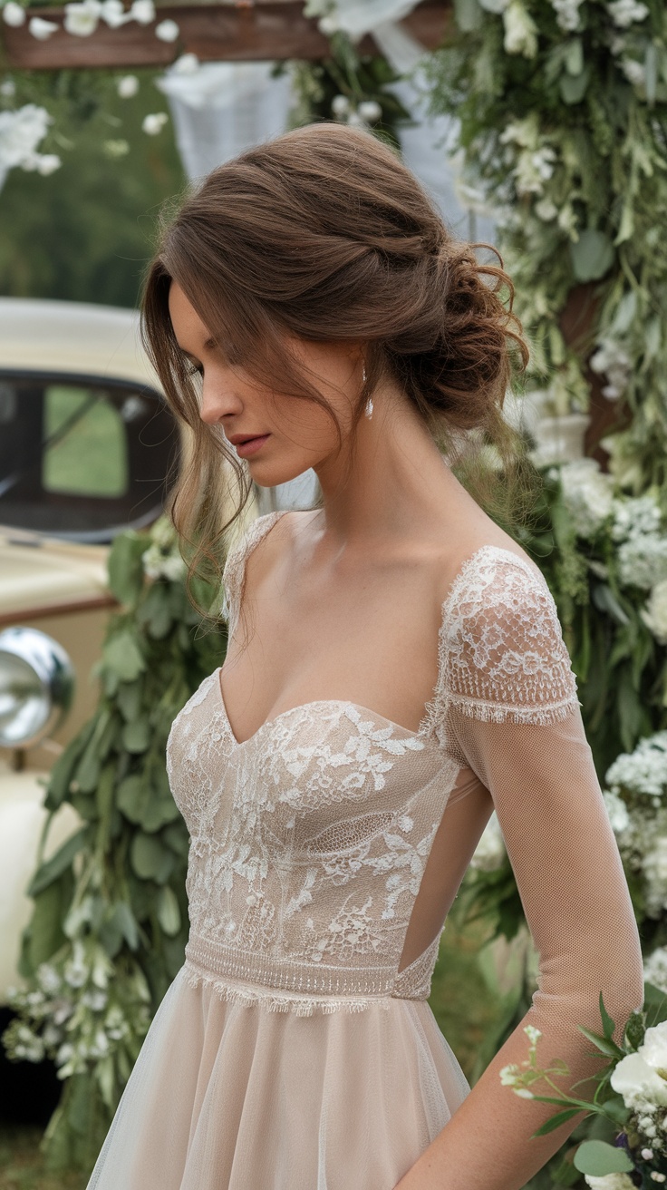 Elegant updo hairstyle with loose tendrils on a woman in a floral setting.