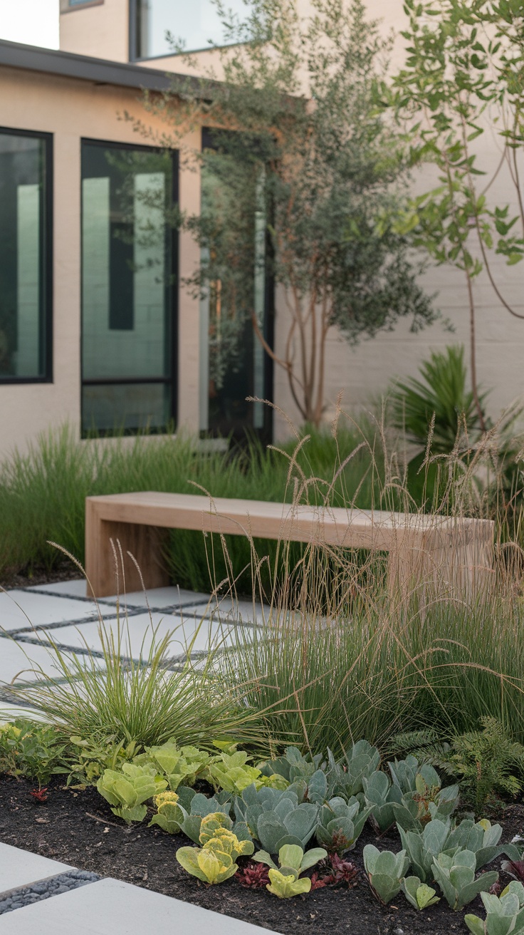 A modern backyard with native plants and a wooden bench near a patio.