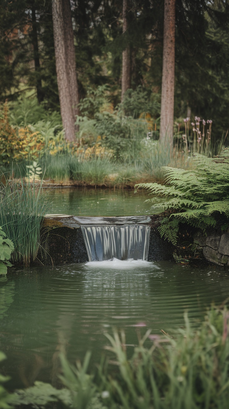 A serene garden pond with a small waterfall surrounded by greenery.