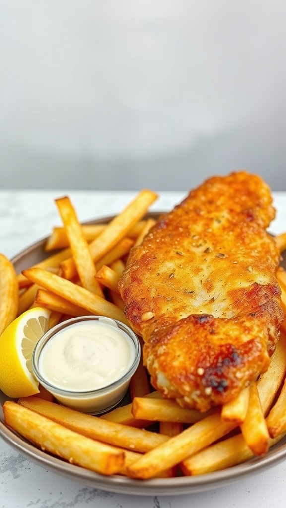 A plate of crispy fish and chips served with tartar sauce and a lemon wedge.