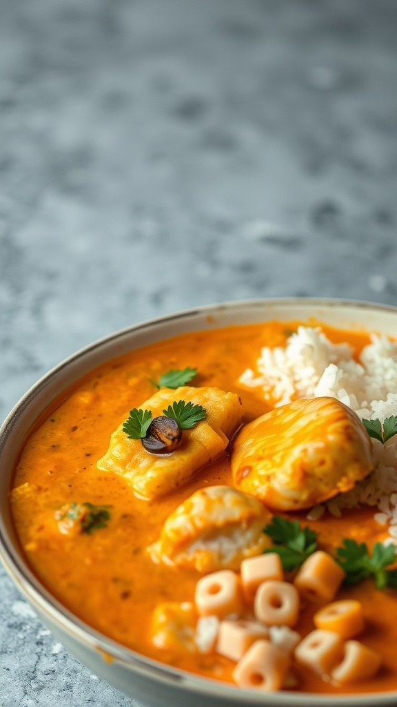 A bowl of fish curry with coconut milk served over rice, garnished with cilantro.