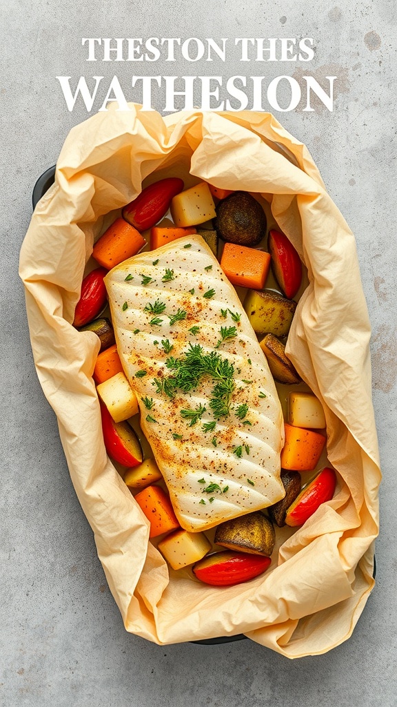 Fish en Papillote with vegetables wrapped in parchment paper