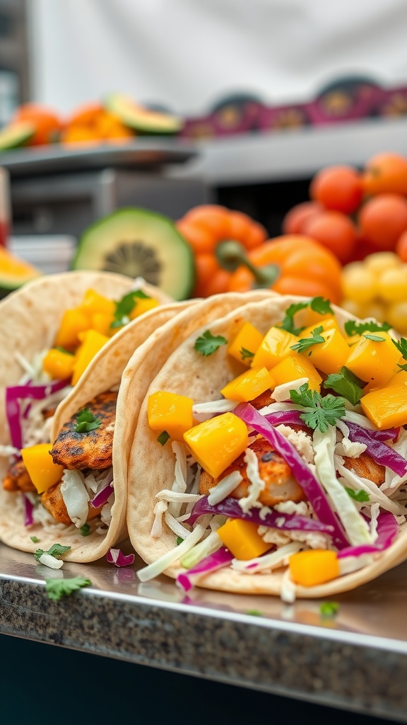 Delicious fish tacos with mango salsa, featuring fresh ingredients and vibrant colors.