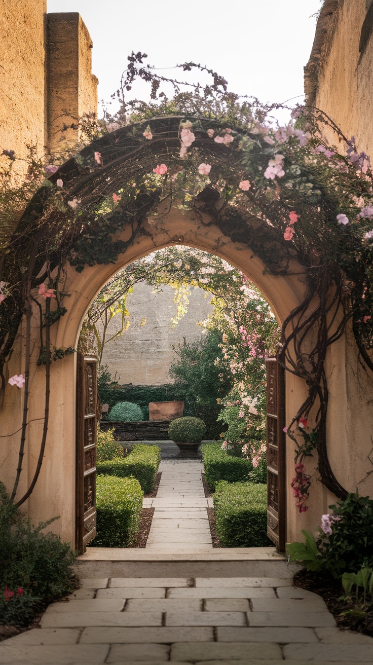 A beautiful floral arch adorned with pink flowers, leading into a lush garden.