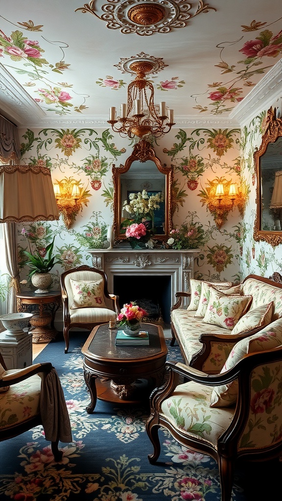 A beautifully decorated Rococo living room featuring floral motifs on the walls, ceiling, and upholstery.