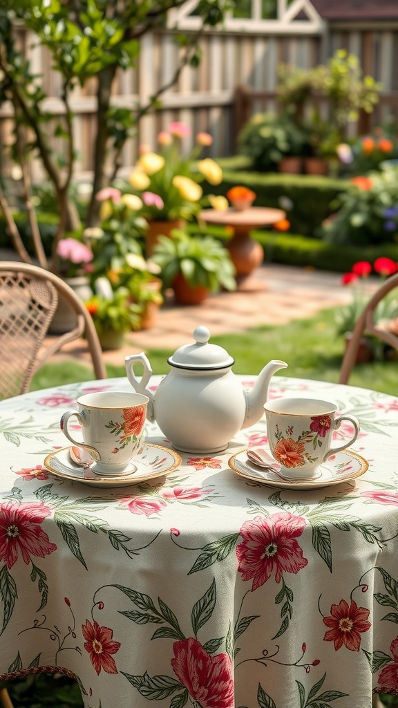 A tea set on a floral tablecloth in a garden setting.