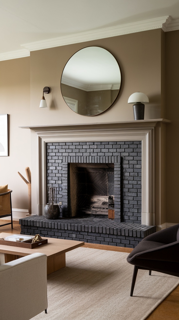 A modern Victorian living room featuring a black brick fireplace with a round mirror above it, and cozy furniture.