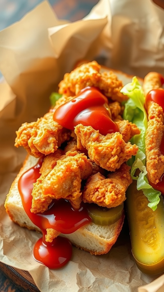 Fried Catfish Po' Boy Sandwich with fried catfish, ketchup, and pickles on a hoagie roll.