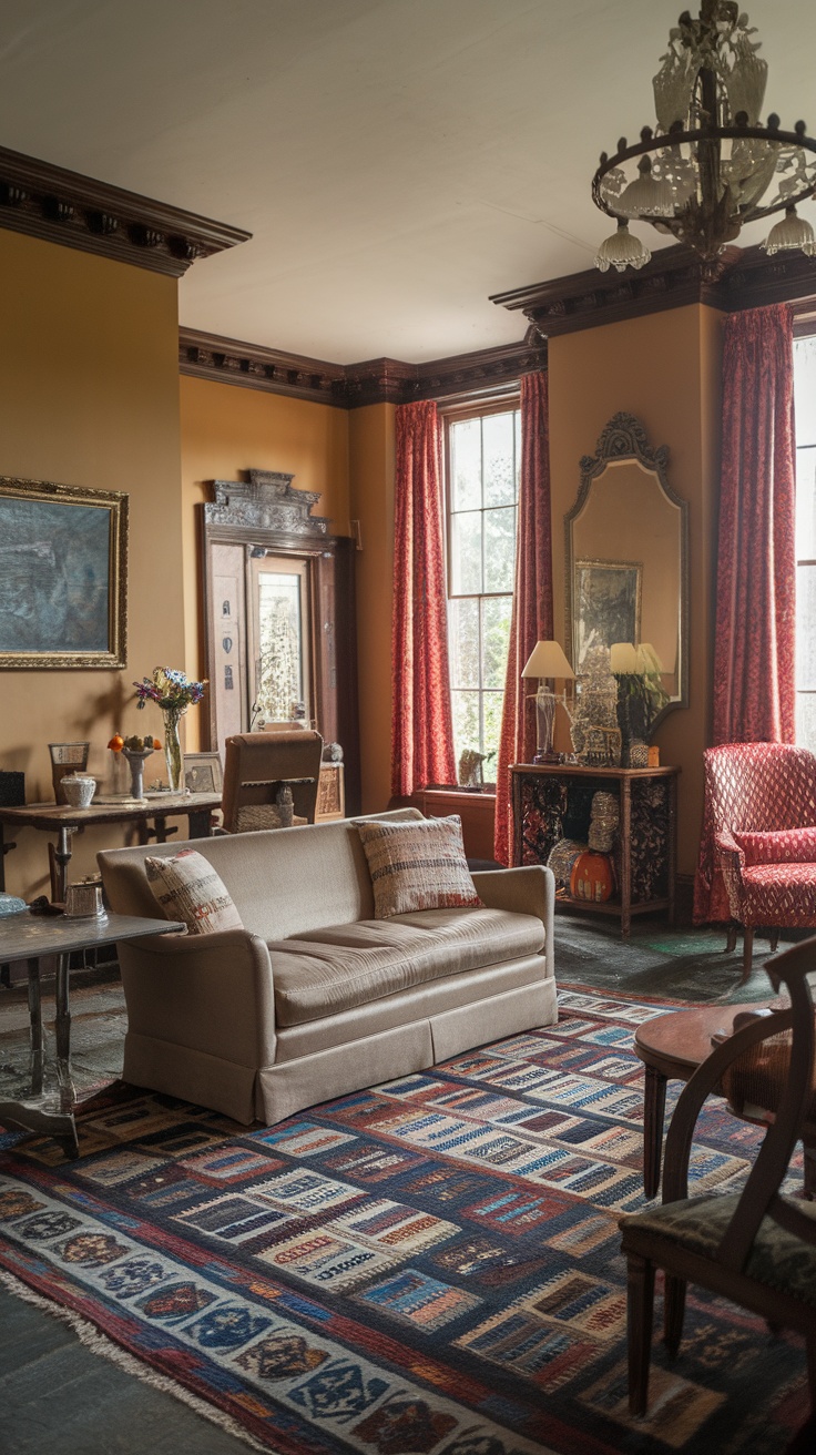 A modern Victorian living room with a cozy sofa, vintage chairs, and colorful curtains.