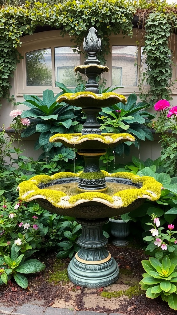 A vintage-style garden fountain with moss accents, surrounded by lush plants and flowers.