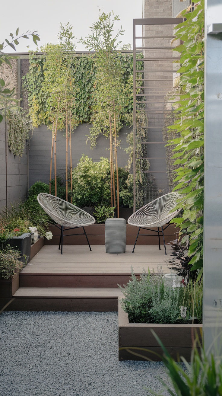 A modern backyard patio with seating and greenery.