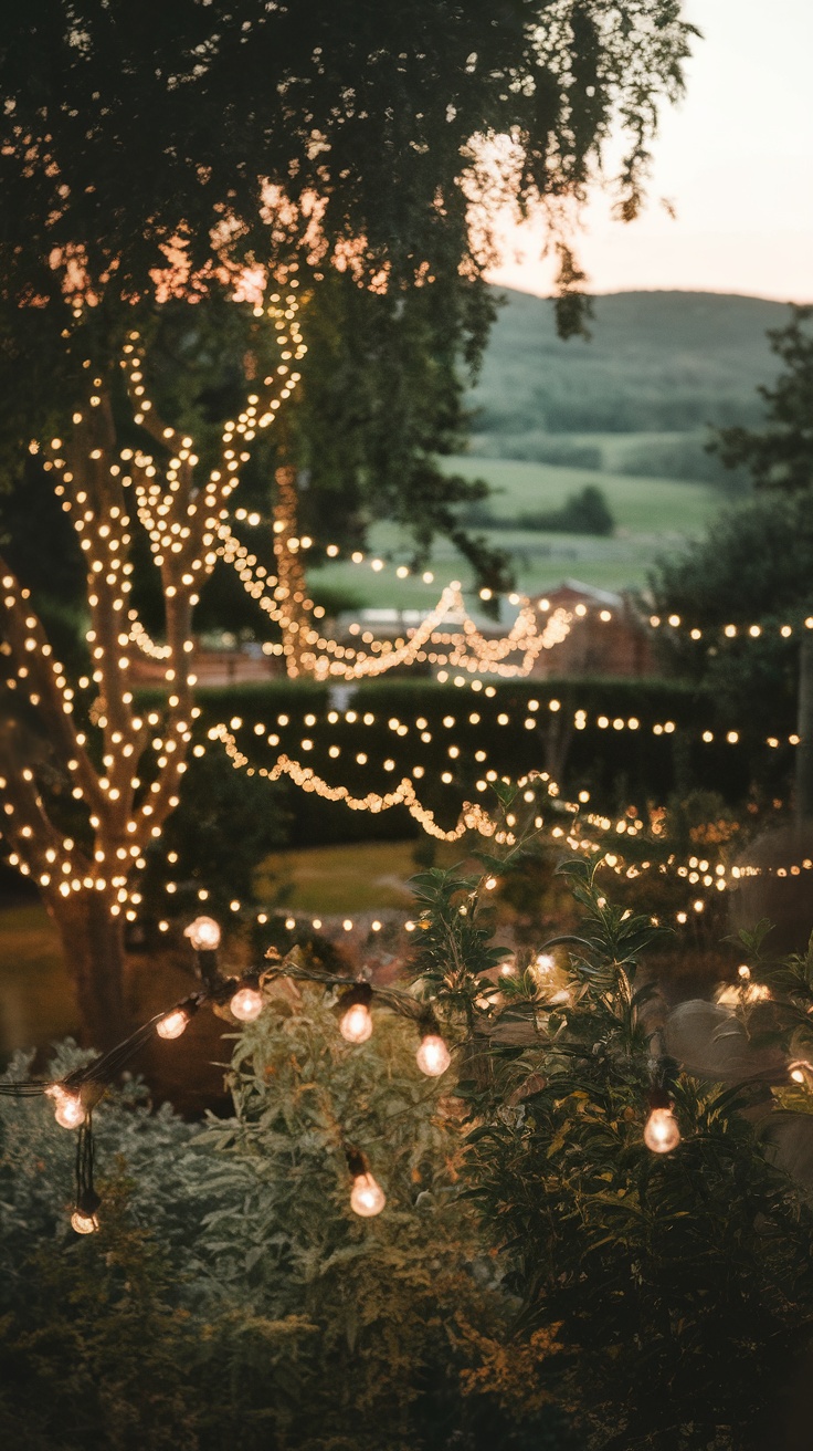 A beautifully lit garden with string lights hung between trees and plants.