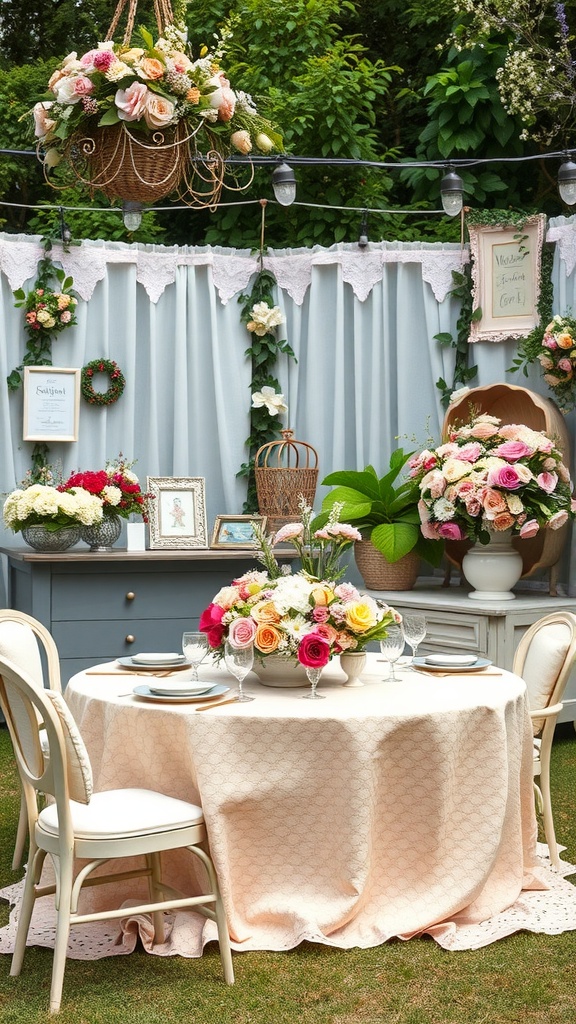 A cozy garden party setup with vintage decor, featuring a table dressed in soft fabrics and surrounded by colorful floral arrangements.