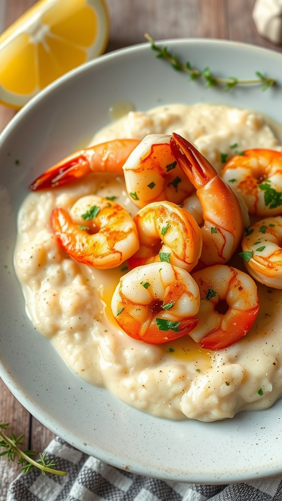 A delicious plate of garlic butter shrimp served over creamy grits.