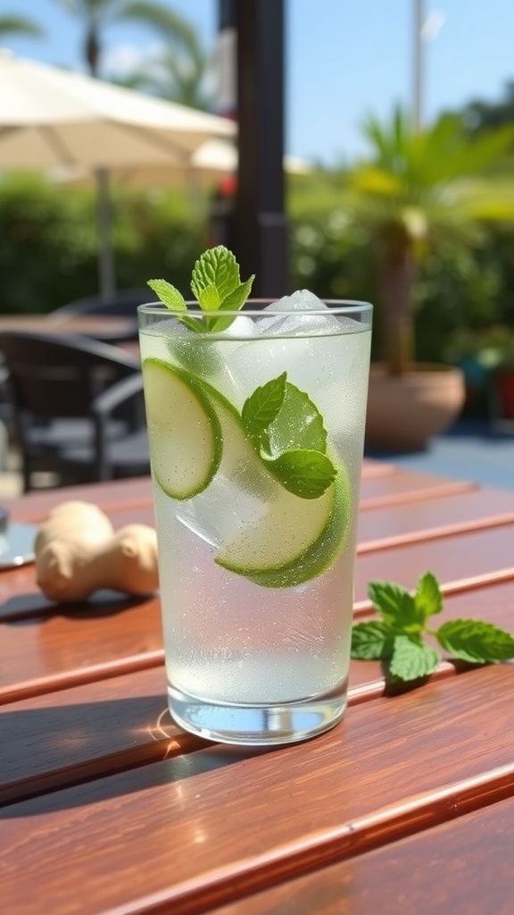 A glass of ginger and mint infused water with ice and lime slices