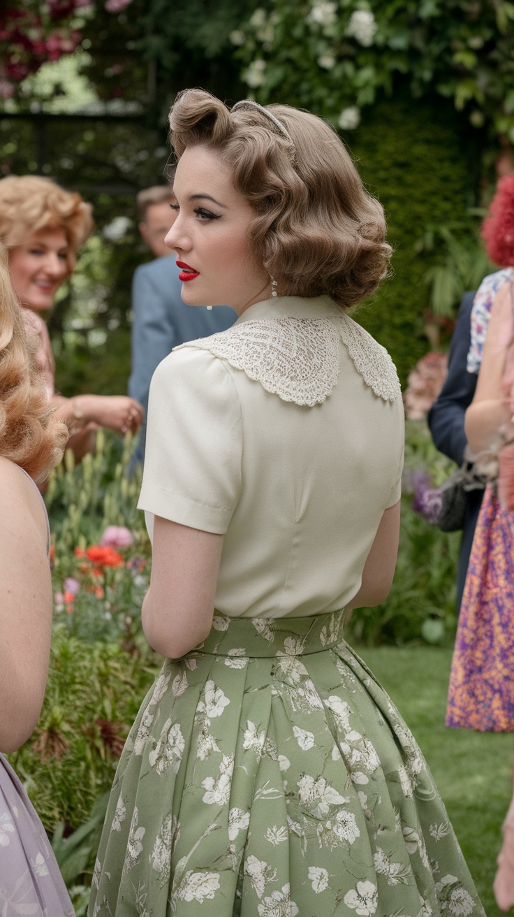 Woman with vintage waves hairstyle in a garden setting