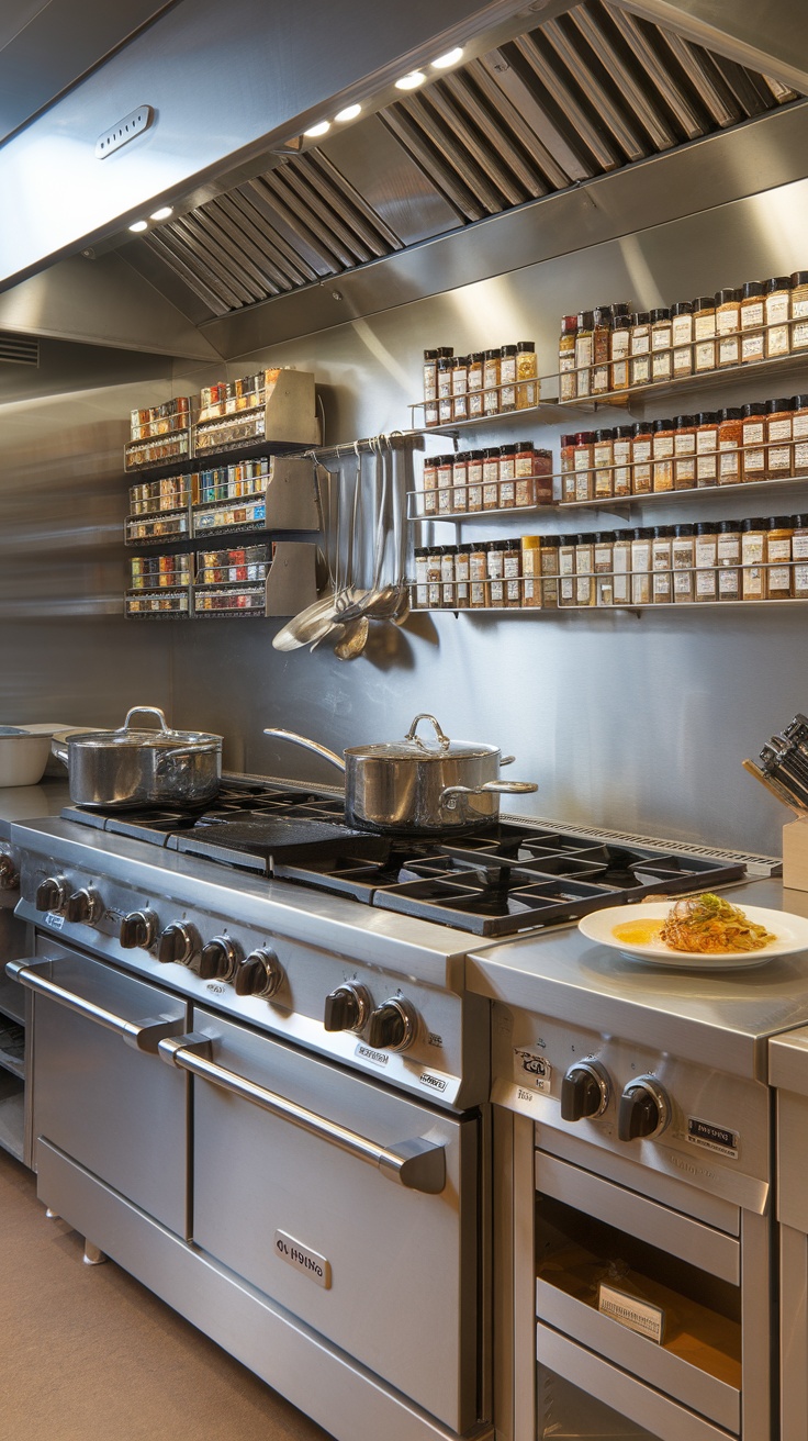 A gourmet kitchen featuring stainless steel appliances, organized spice racks, and a cooking station with pots on the stove.