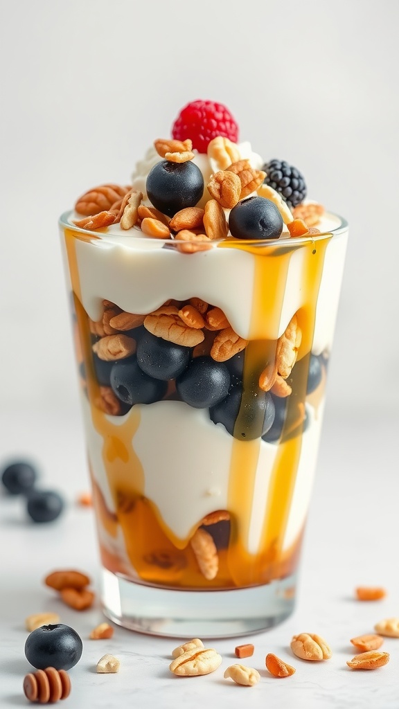 A layered Greek yogurt parfait with honey, nuts, and fresh berries in a glass.