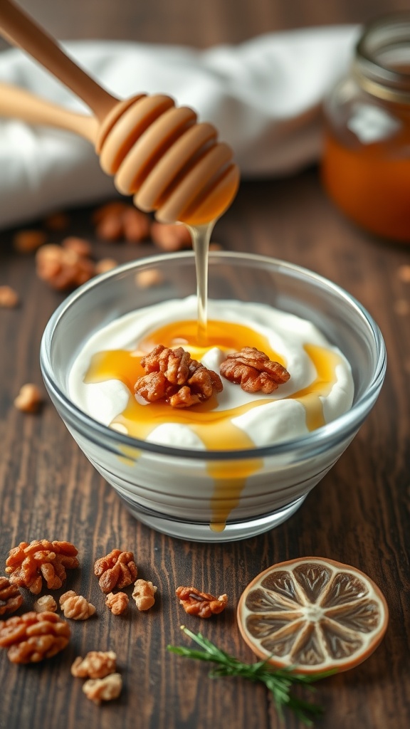 A bowl of Greek yogurt topped with walnuts and drizzled with honey.