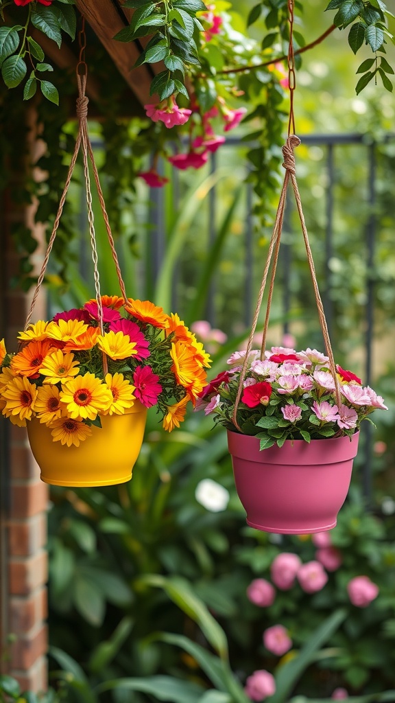 Colorful hanging flower baskets with yellow and pink flowers in a garden.