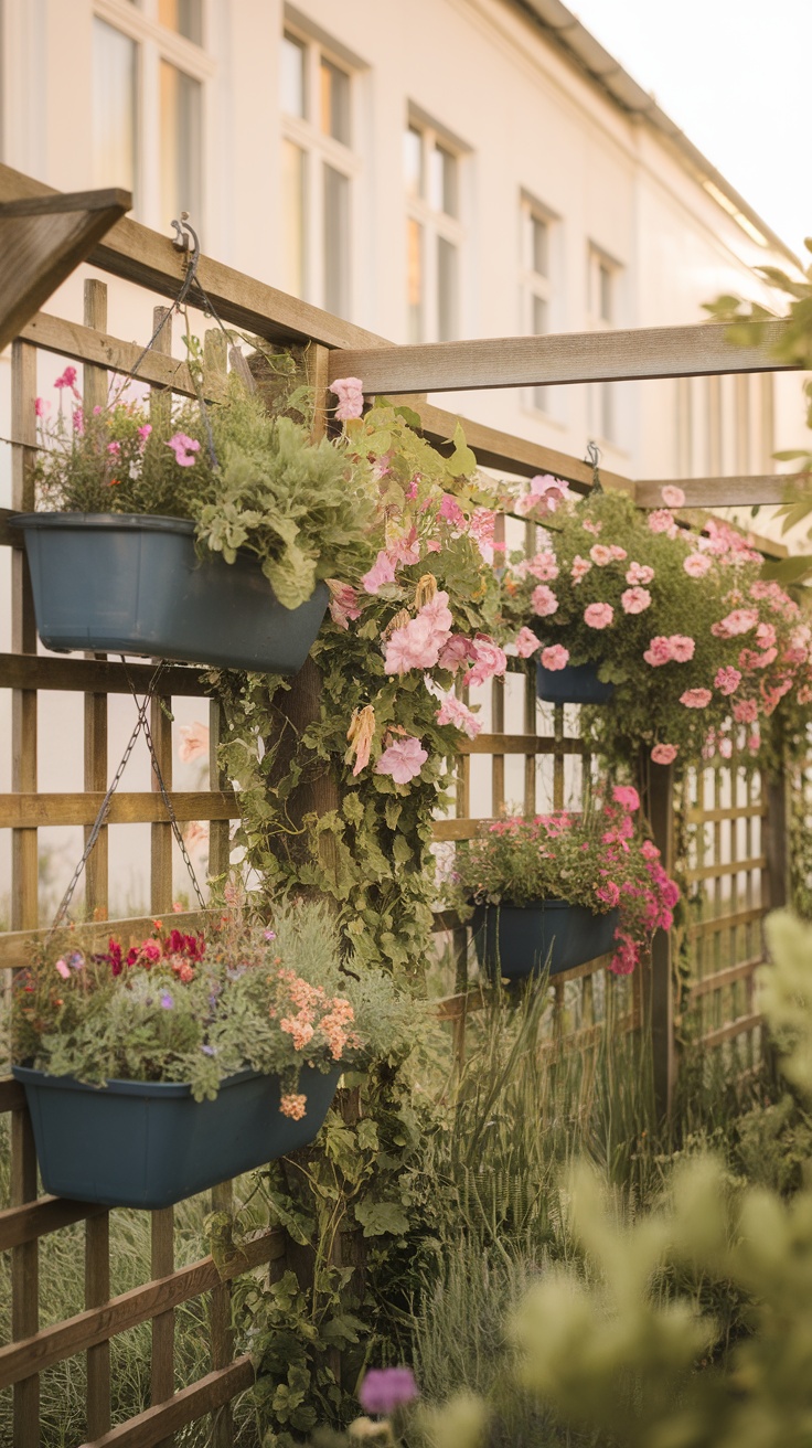 A wooden trellis adorned with colorful hanging planters filled with flowers