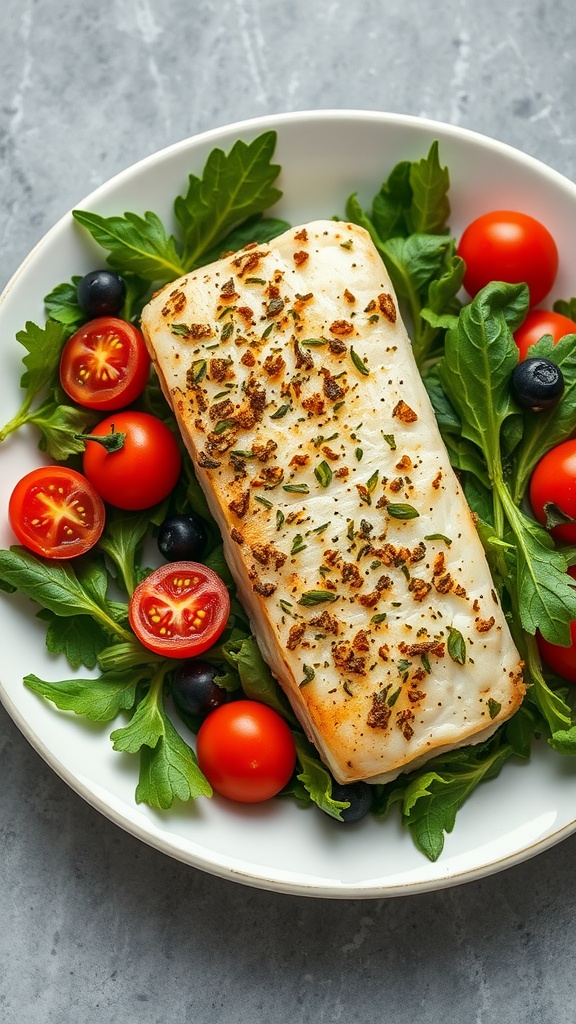 Herb-crusted cod fillet on a plate with salad.