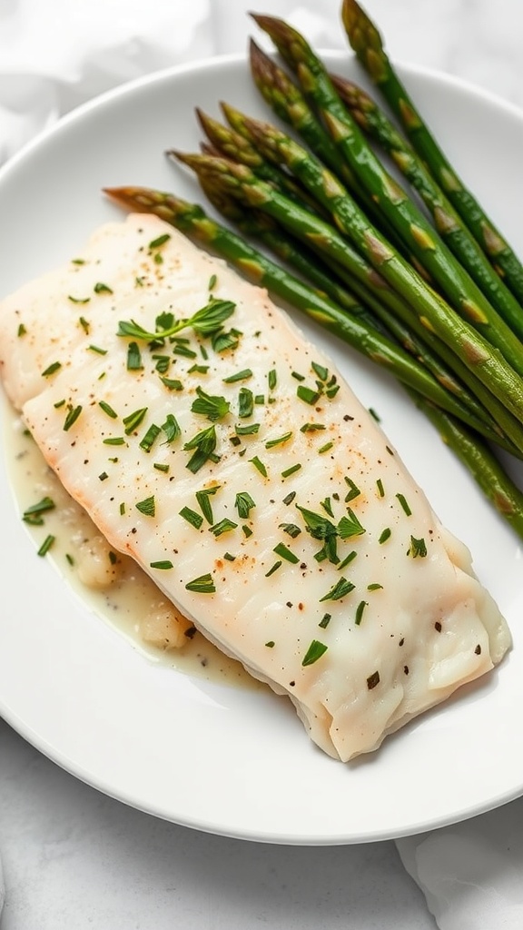 Plate of herbed baked sole with asparagus