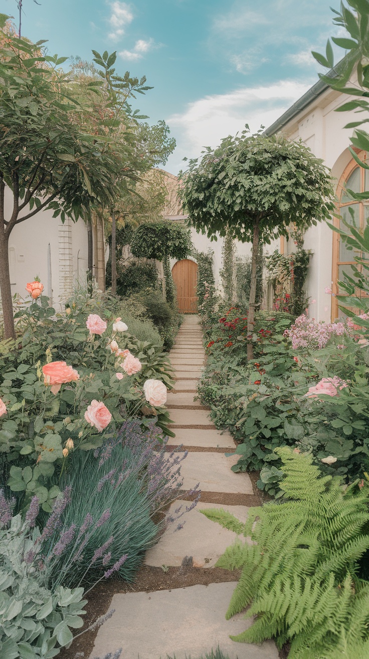 A serene garden pathway lined with flowers and greenery.