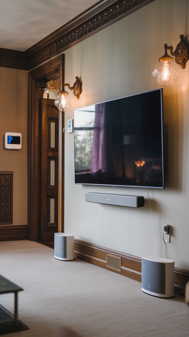 A modern Victorian living room featuring hidden technology with a mounted TV and discreet speakers.