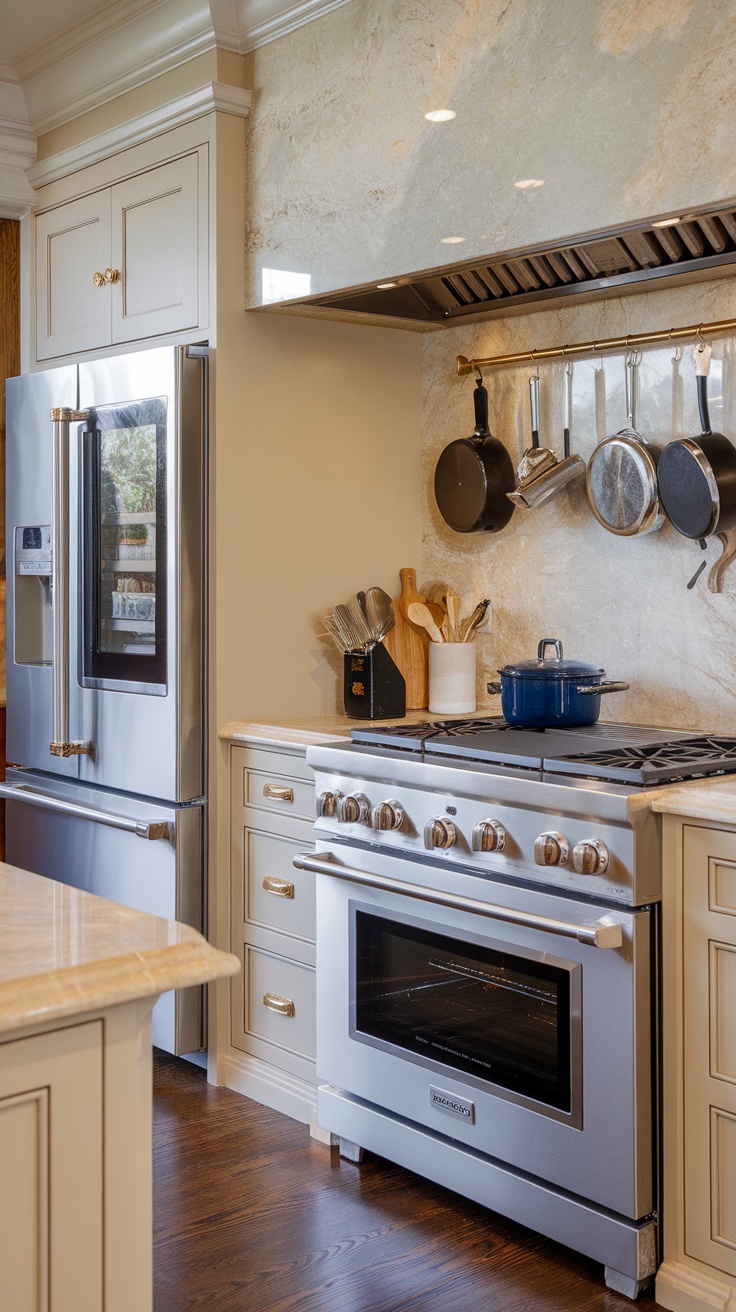 A modern luxury kitchen featuring smart appliances, including a stainless steel refrigerator and a professional-grade oven.