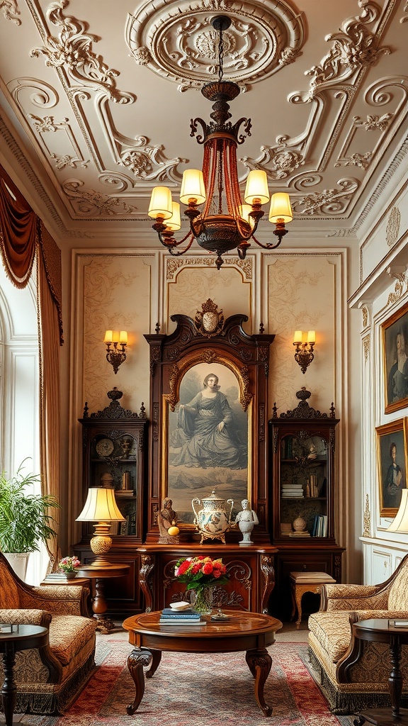 A Rococo style living room featuring an ornate chandelier, wall sconces, and elegant furnishings.