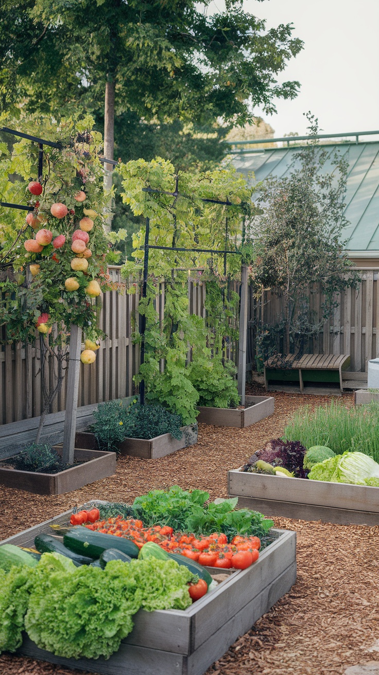 A modern backyard with raised garden beds filled with vegetables and fruit trees.