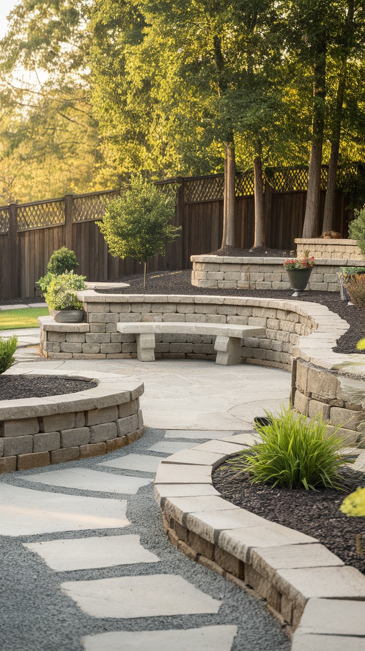 A beautiful backyard featuring a stone patio, circular seating areas, and winding pathways.