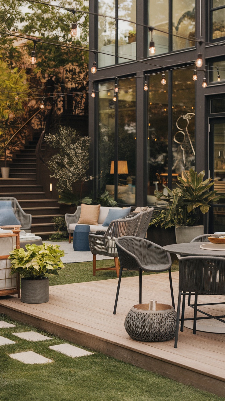 Modern backyard patio with stylish seating and greenery.