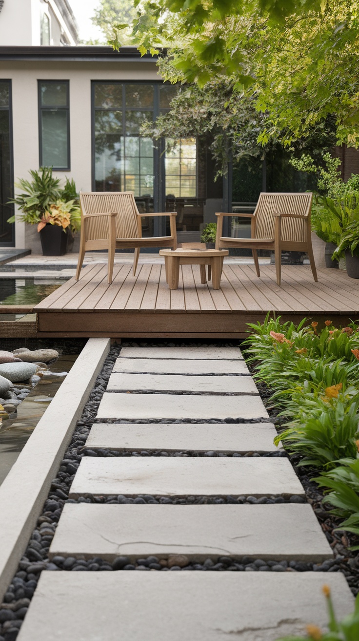 A serene backyard with a wooden patio, surrounded by greenery and a stone pathway.