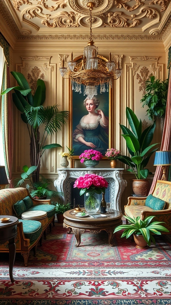 A beautifully decorated Rococo living room featuring plants, a chandelier, and floral arrangements.