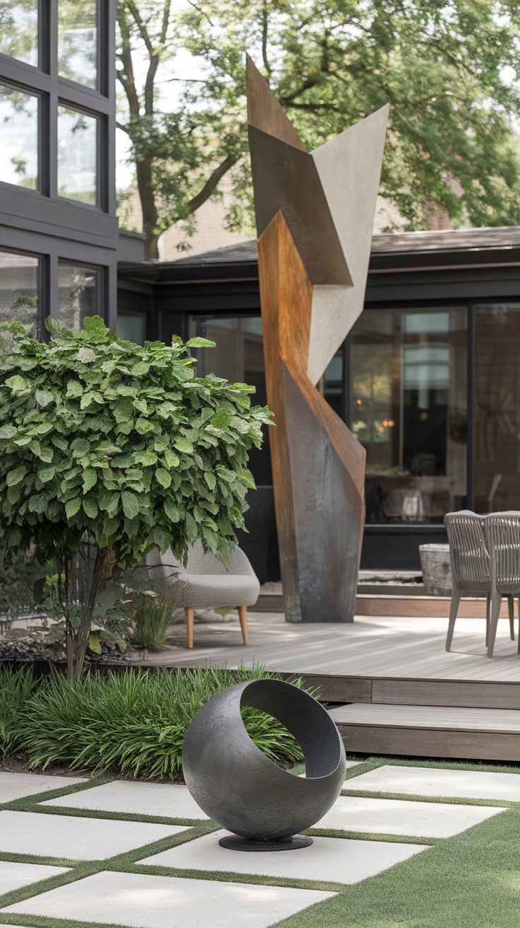 A modern backyard featuring unique outdoor sculptures and a patio.