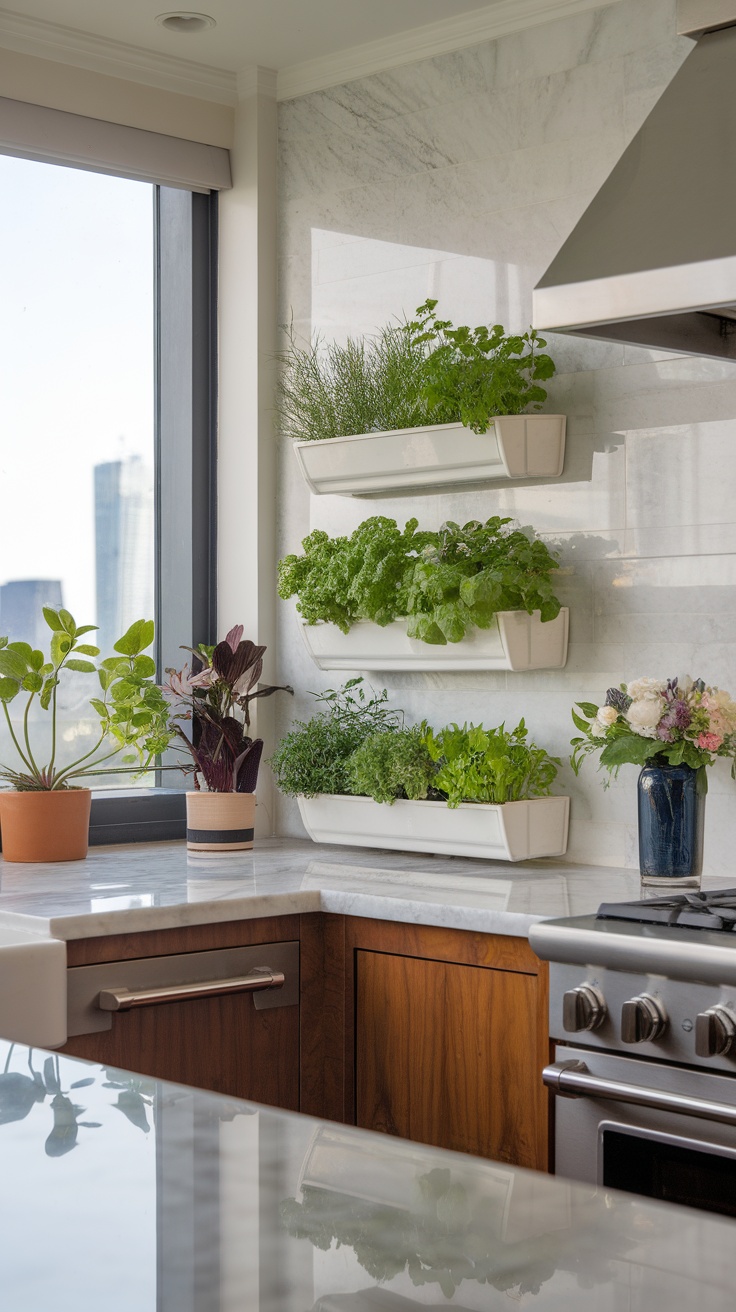 Indoor herb garden featuring wall-mounted planters with various herbs and a cozy kitchen atmosphere.